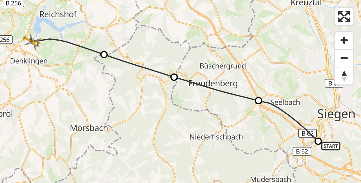 Flugroute Rettungshubschrauber Evangelisches Jung-Stilling Hospital - Reichshof, 10 September 2026, 08:58