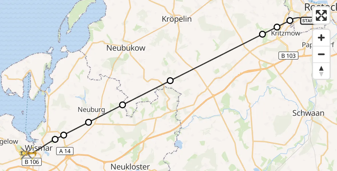 Flugroute Rettungshubschrauber Rostock - Wismar, 10 September 2026, 09:04