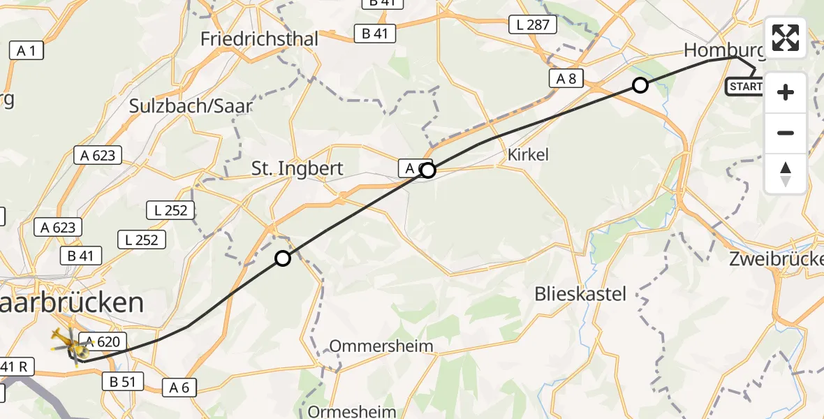 Flugroute Rettungshubschrauber Homburg - Saarbrücken, 10 September 2026, 09:04