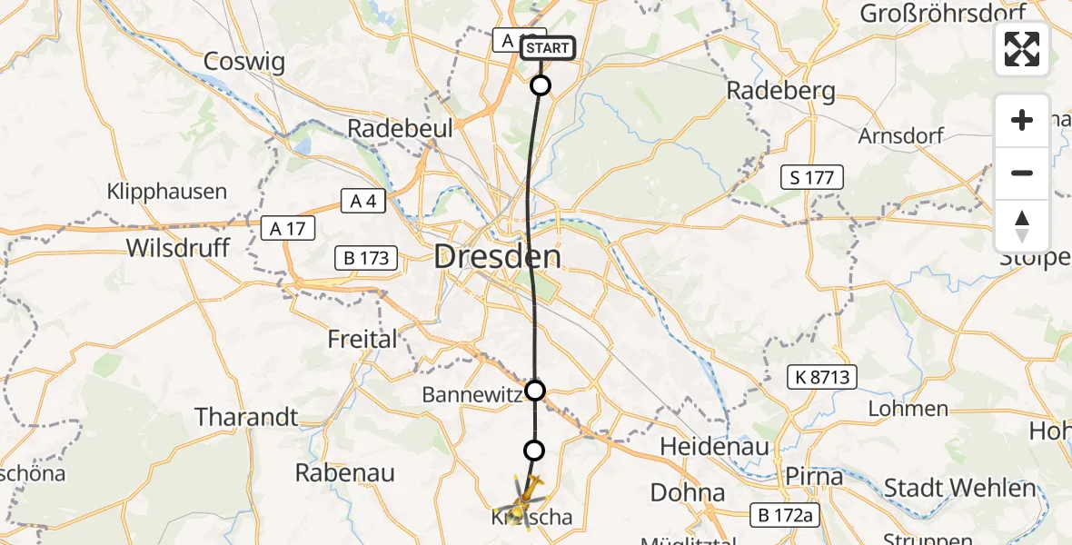 Flugroute Rettungshubschrauber Dresden Flughafen - Kreischa, 10 September 2026, 09:10
