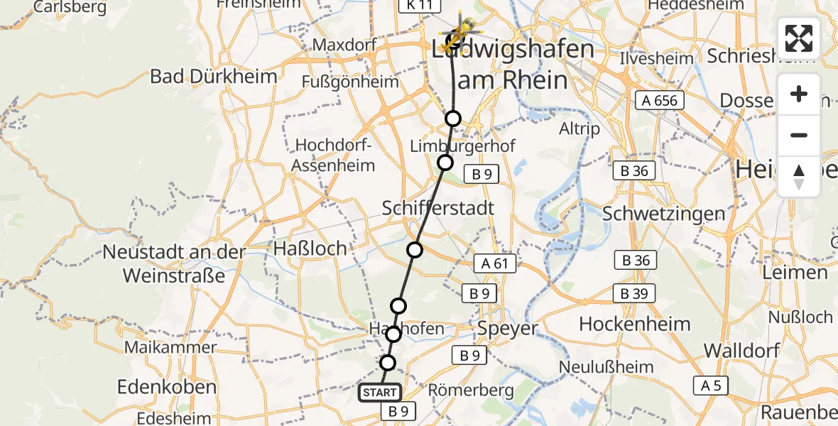 Flugroute Rettungshubschrauber Schwegenheim - Ludwigshafen Accident Hospital, 10 September 2026, 09:13