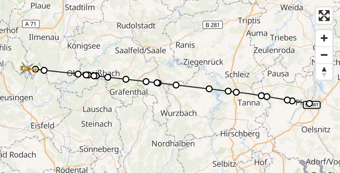 Flugroute Rettungshubschrauber Helios Clinic Plauen - Ilmenau, 10 September 2026, 09:18