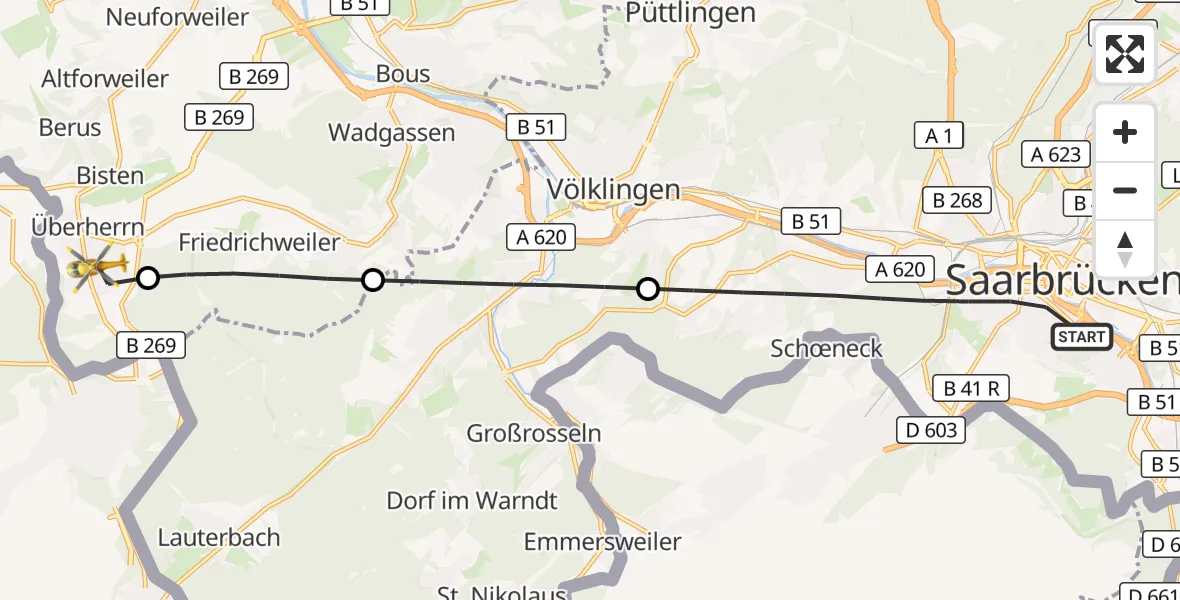 Flugroute Rettungshubschrauber Saarbrücken - Überherrn, 10 September 2026, 09:23