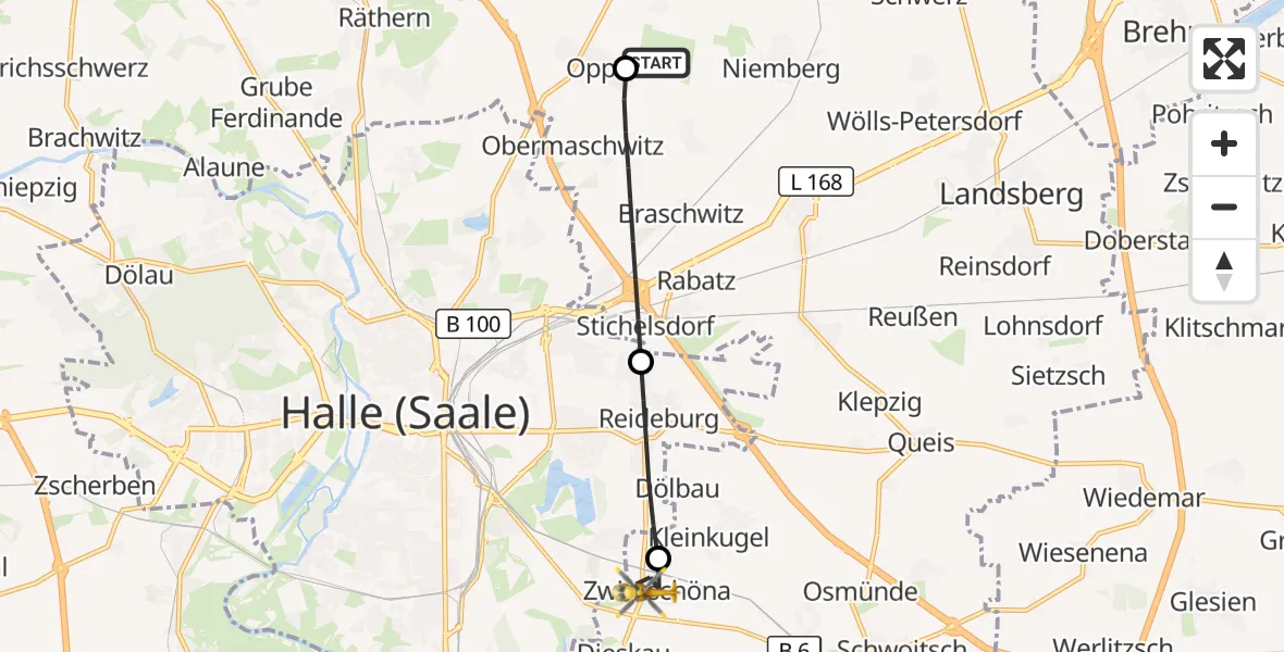 Flugroute Rettungshubschrauber Halle-Oppin Flugplatz - Kabelsketal, 10 September 2026, 09:42