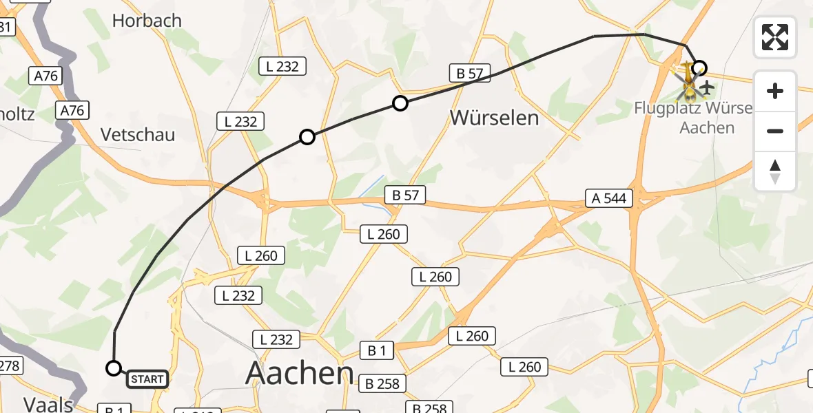 Flugroute Rettungshubschrauber Aachen Hospital - Aachen-Merzbrück Flughafen, 10 September 2026, 09:42