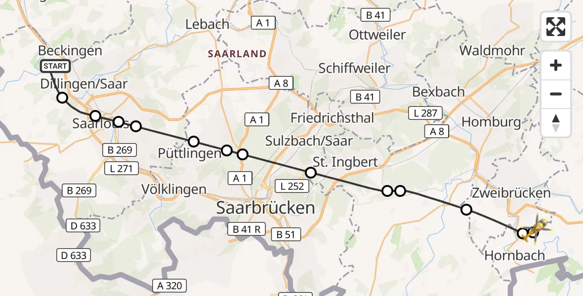 Flugroute Rettungshubschrauber Rehlingen-Siersburg - Zweibrücken Flughafen, 10 September 2026, 09:51