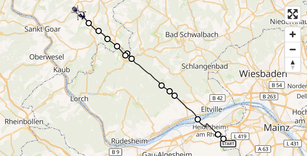 Flugroute Polizeihubschrauber Mainz-Finthen Flugplatz - Niederwallmenach, 10 September 2026, 10:01