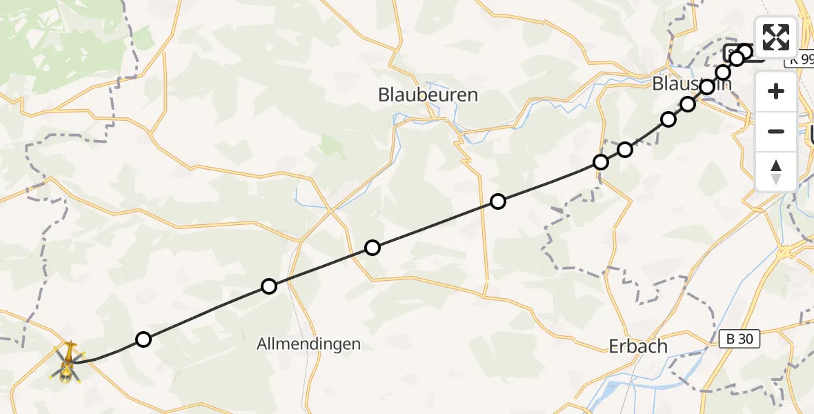 Flugroute Rettungshubschrauber Ulm Military Hospital Emergency - Ehingen (Donau), 10 September 2026, 10:04
