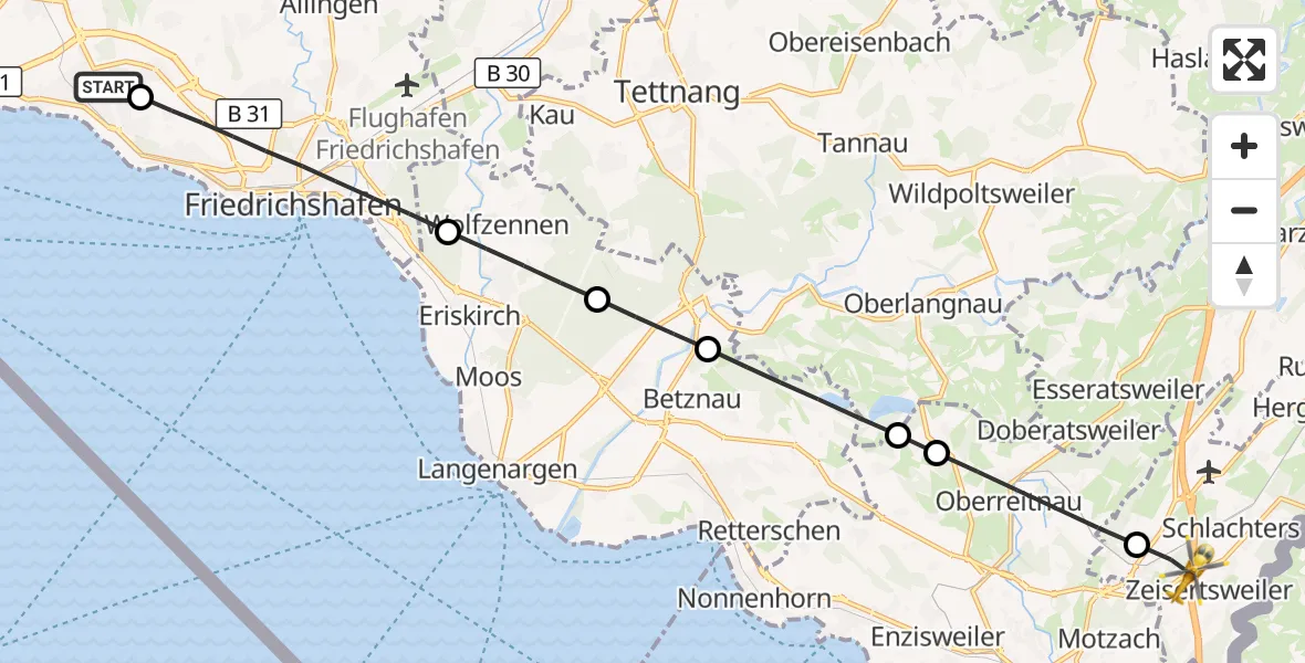 Flugroute Rettungshubschrauber Friedrichshafen Hospital - Weißensberg, 10 September 2026, 10:15