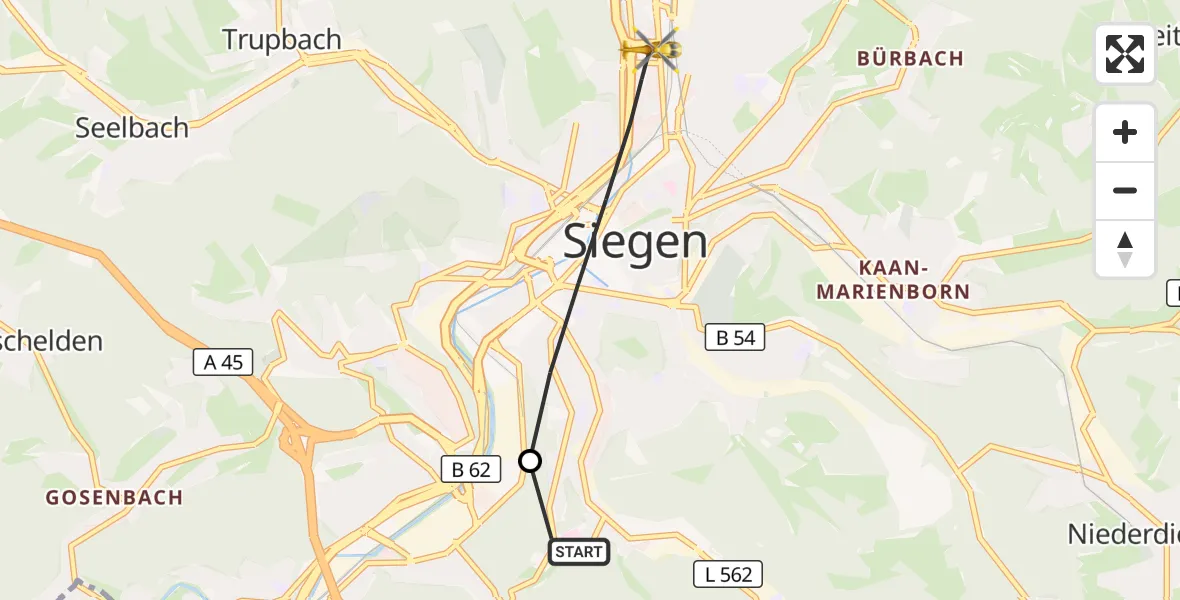 Flugroute Rettungshubschrauber Evangelisches Jung-Stilling Hospital - Siegen, 10 September 2026, 10:24