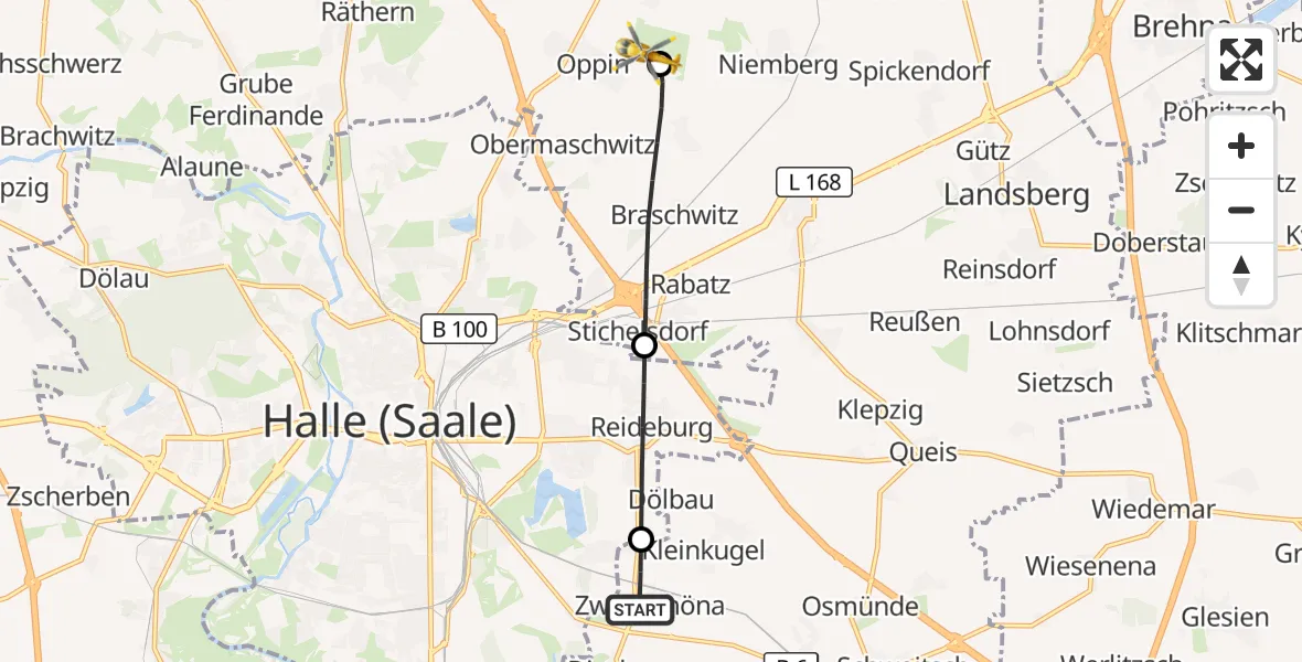 Flugroute Rettungshubschrauber Kabelsketal - Halle-Oppin Flugplatz, 10 September 2026, 10:26