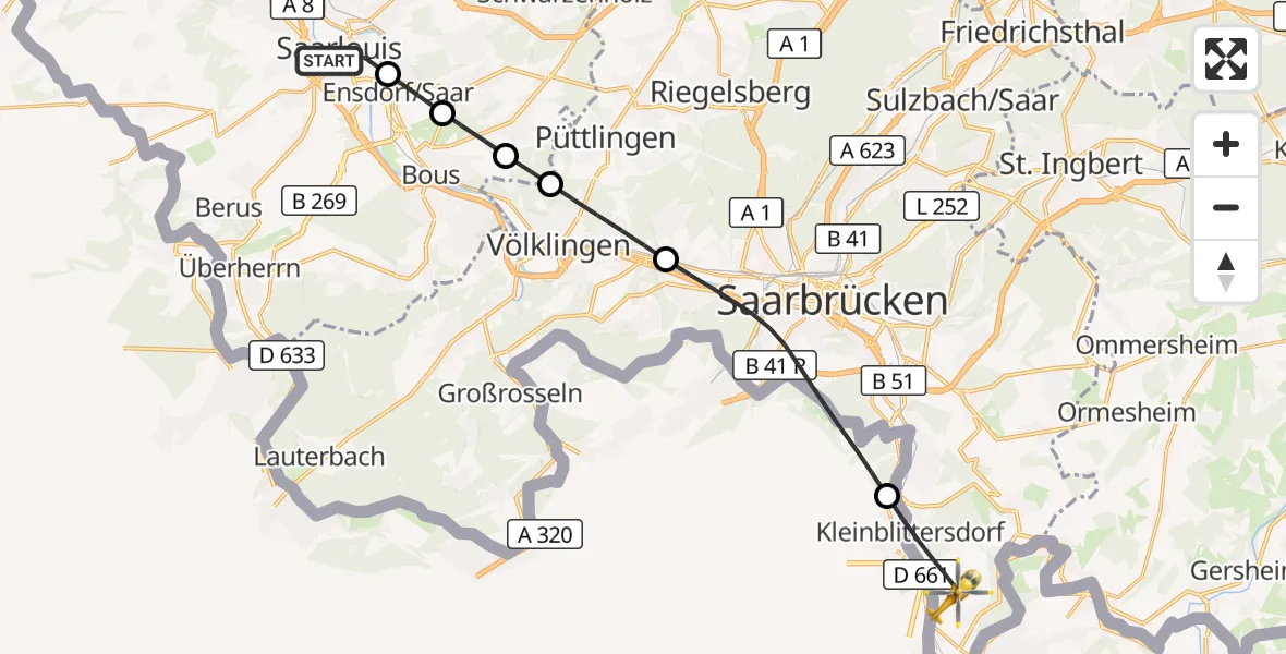 Flugroute Rettungshubschrauber Saarlouis - Kleinblittersdorf, 10 September 2026, 10:26