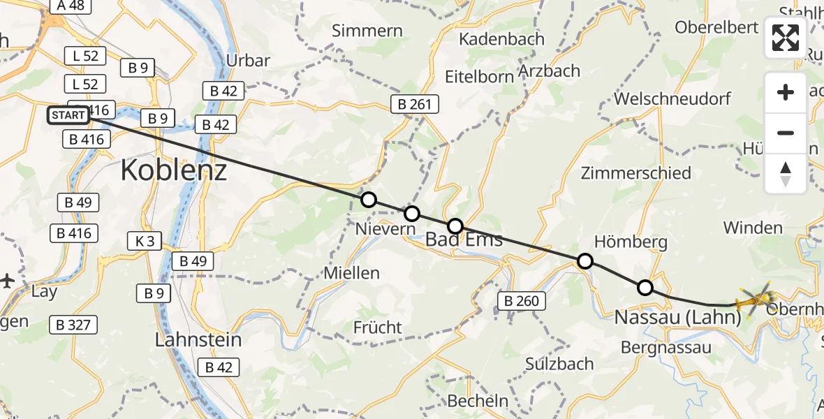Flugroute Rettungshubschrauber Koblenz - Weinähr, 10 September 2026, 10:37