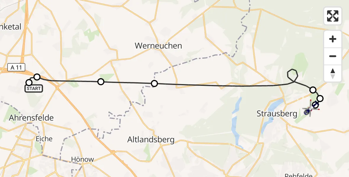 Flugroute Polizeihubschrauber Ahrensfelde Hubschrauberlandeplatz - Strausberg, 10 September 2026, 10:40