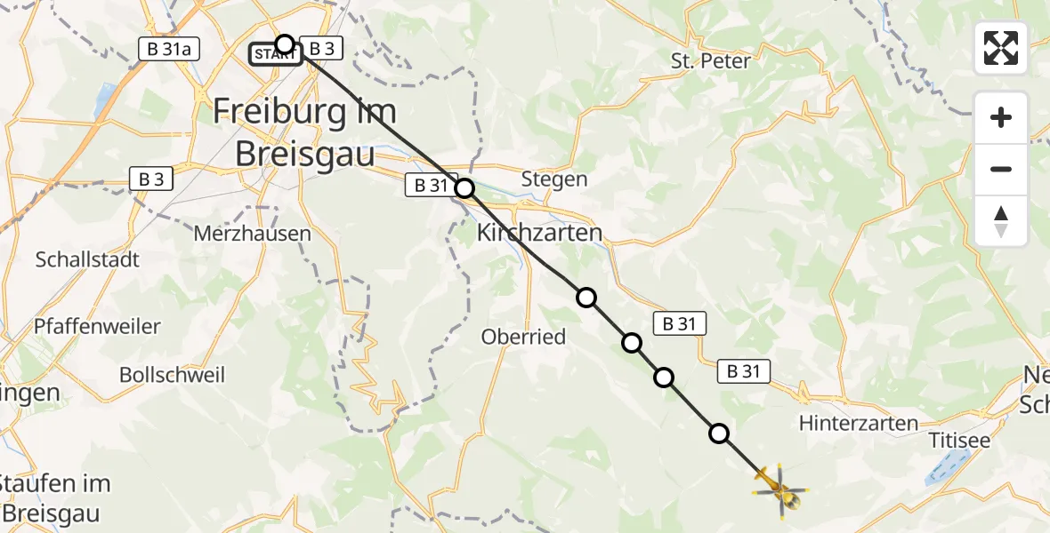 Flugroute Ambulanzhubschrauber Freiburg im Breisgau Flugplatz - Hinterzarten, 10 September 2026, 10:41
