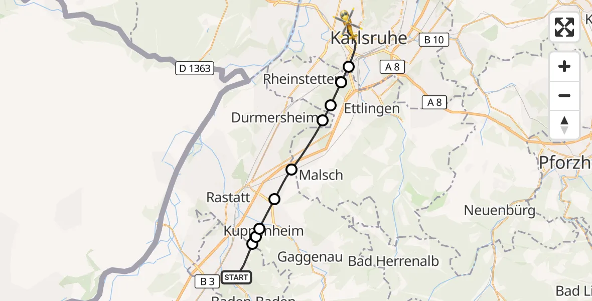 Flugroute Ambulanzhubschrauber Baden-Baden - Karlsruhe, 10 September 2026, 10:51