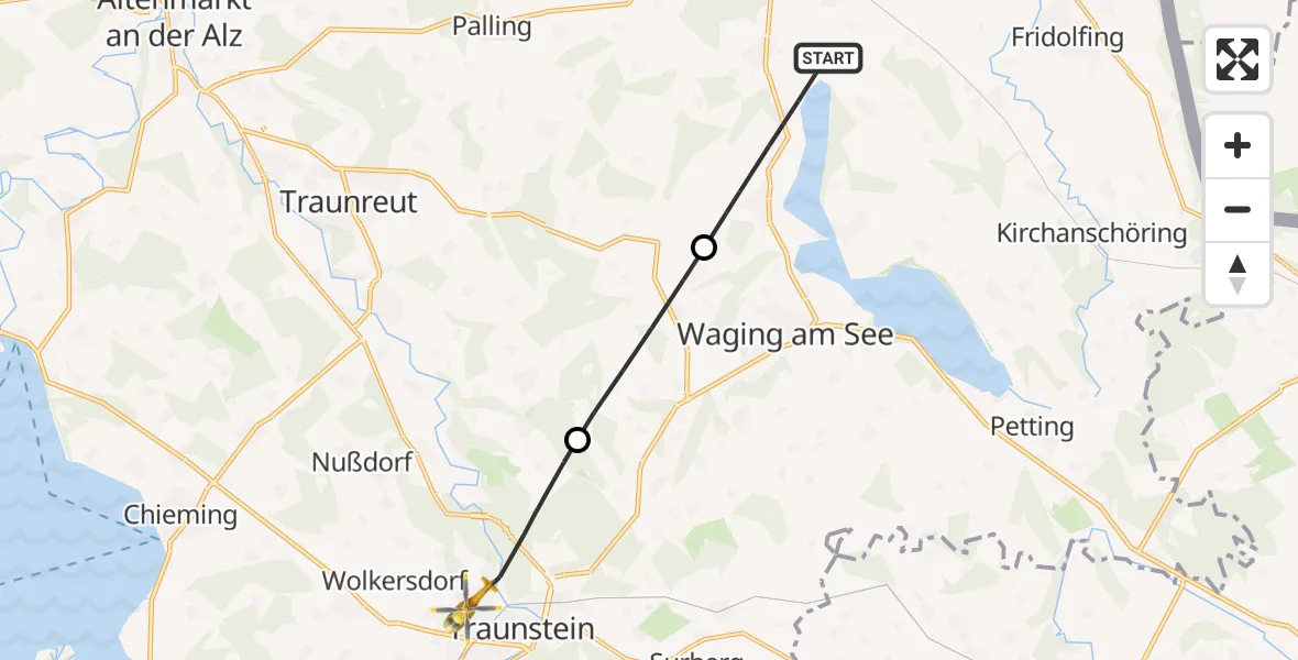 Flugroute Rettungshubschrauber Taching a.See - Traunstein Hospital, 10 September 2026, 10:54