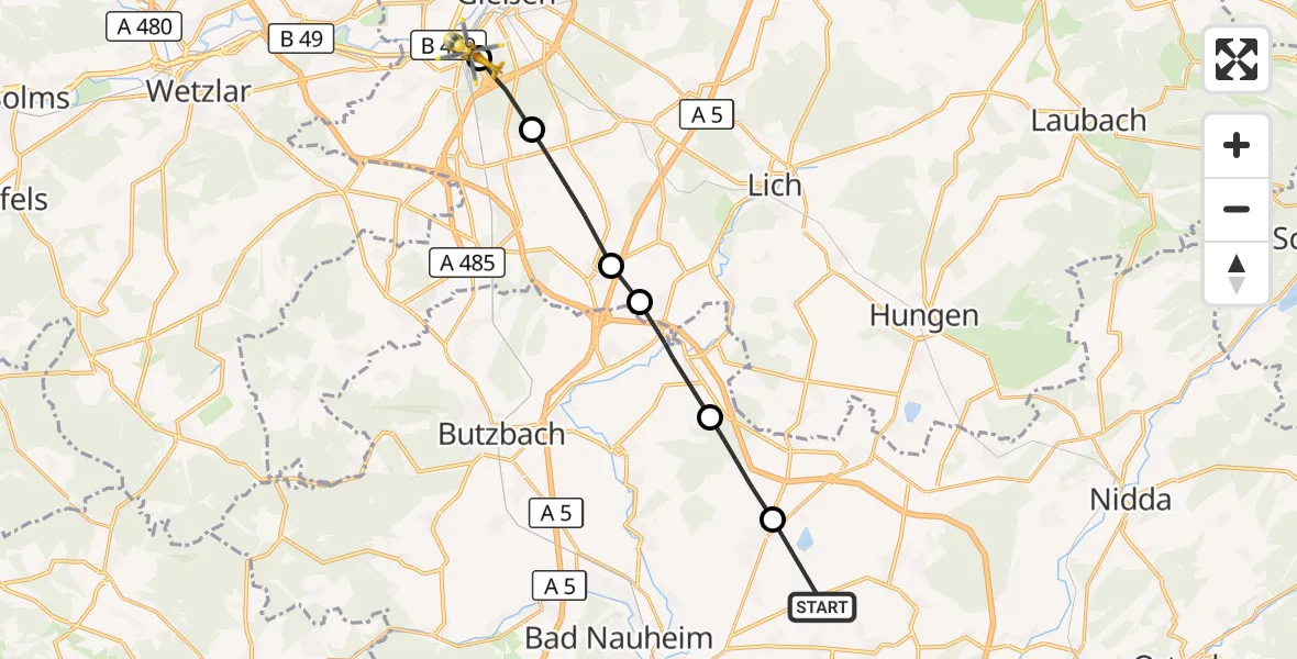 Flugroute Ambulanzhubschrauber Echzell - Gießen, 10 September 2026, 11:05