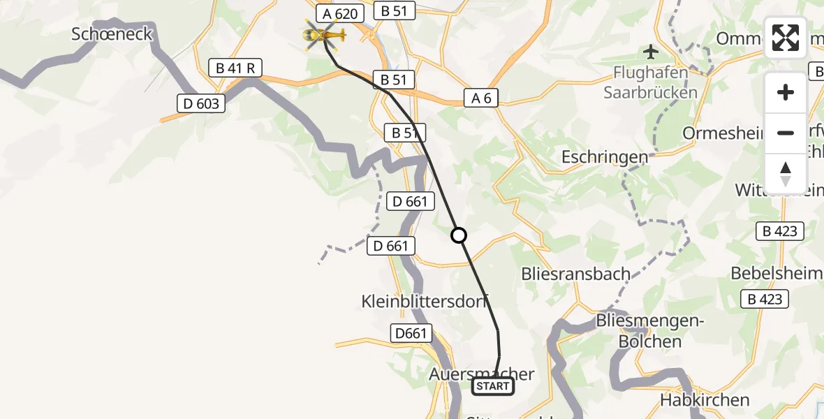Flugroute Rettungshubschrauber Kleinblittersdorf - Saarbrücken, 10 September 2026, 11:10