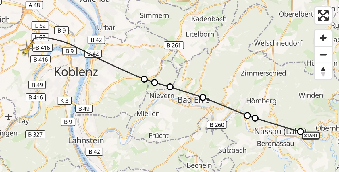 Flugroute Rettungshubschrauber Obernhof - Koblenz, 10 September 2026, 11:14