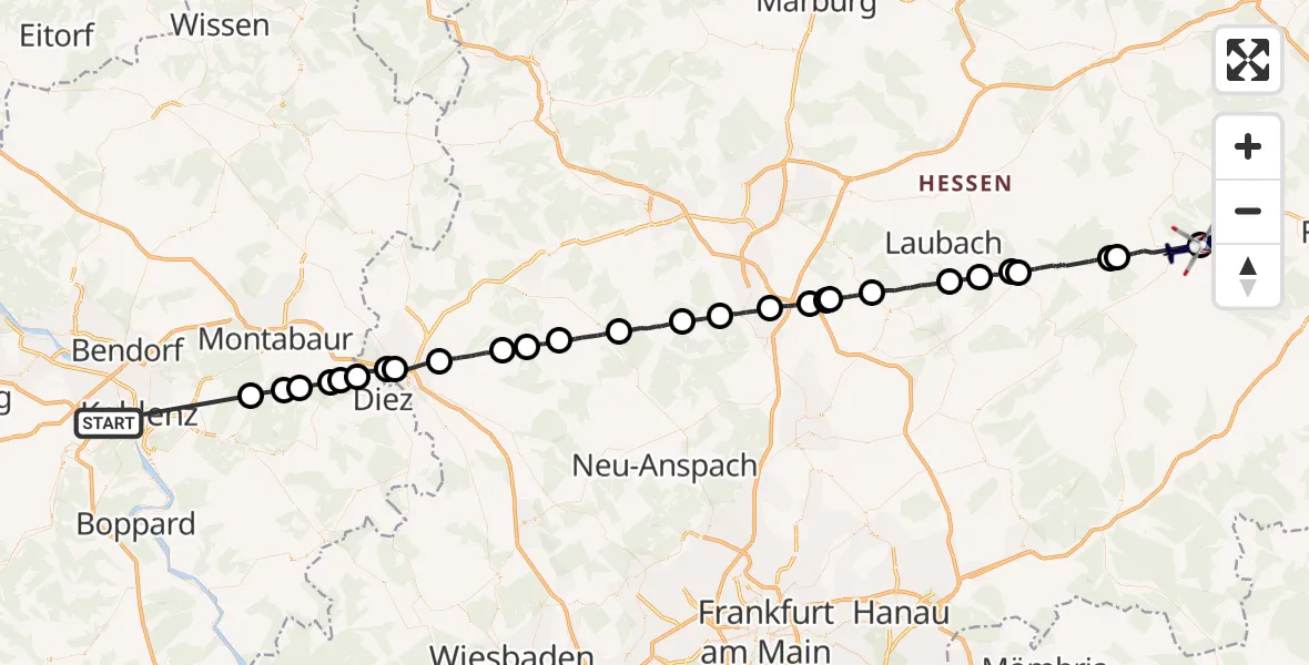 Flugroute Polizeihubschrauber Koblenz - Herbstein, 10 September 2026, 11:23