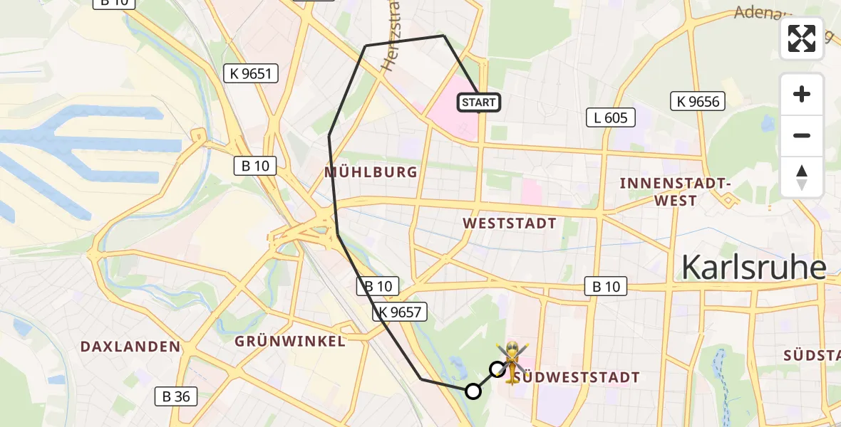 Flugroute Ambulanzhubschrauber Karlsruhe - Sankt Vincentius Hospital, 10 September 2026, 11:31