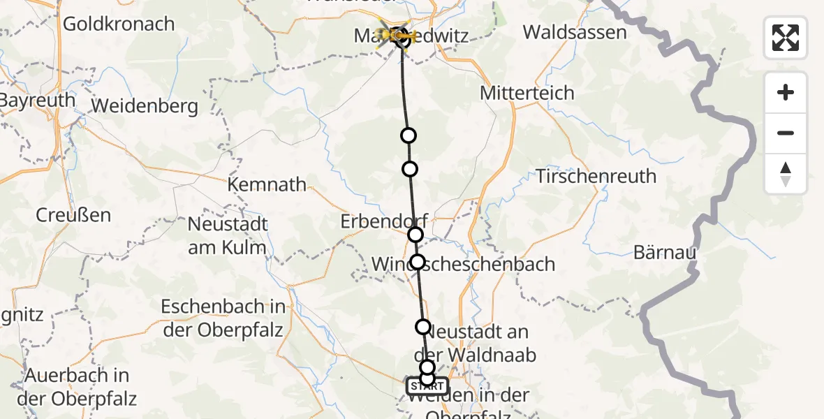 Flugroute Ambulanzhubschrauber Weiden i.d.OPf. - Fichtelgebirge Hospital Marktredwitz, 10 September 2026, 11:35
