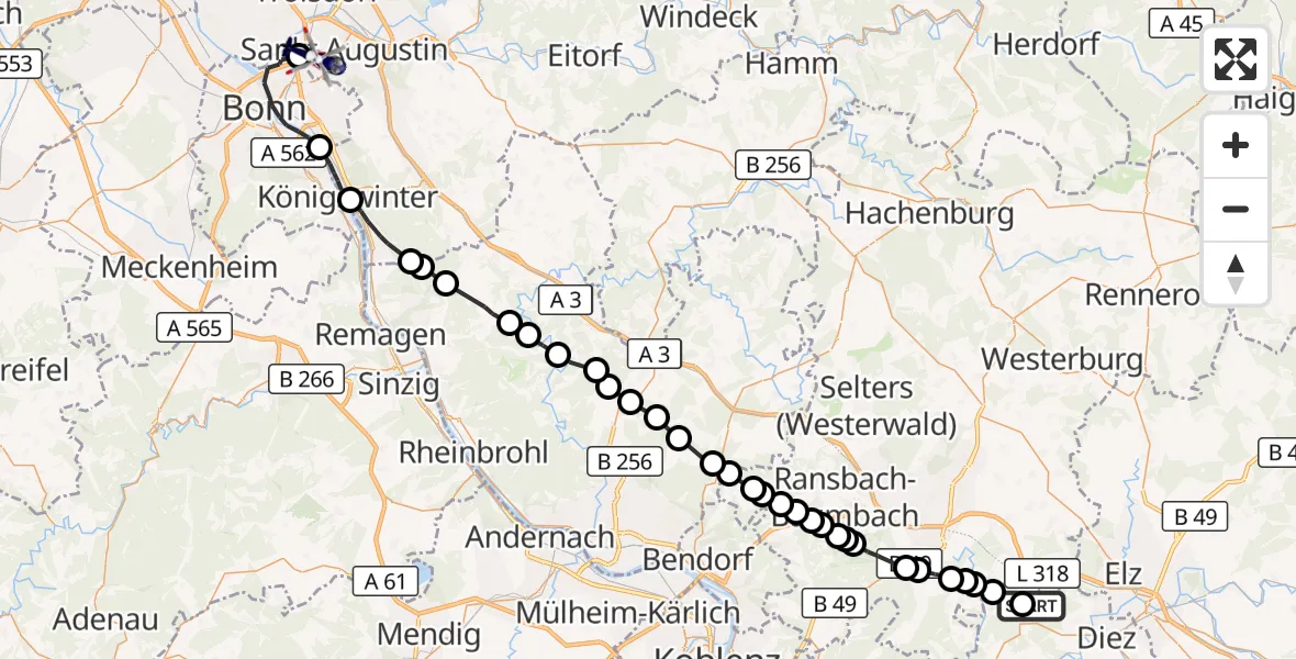 Flugroute Polizeihubschrauber Hirschberg - Sankt Augustin, 10 September 2026, 11:47