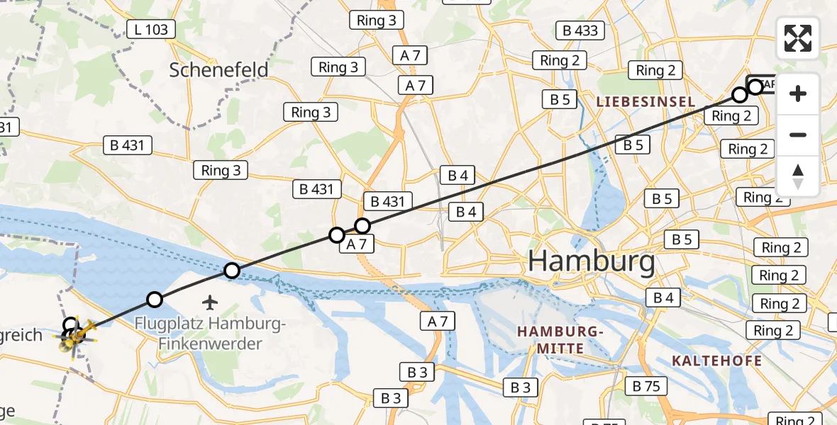 Flugroute Rettungshubschrauber Hamburg Military Hospital - Hamburg, 10 September 2026, 12:02