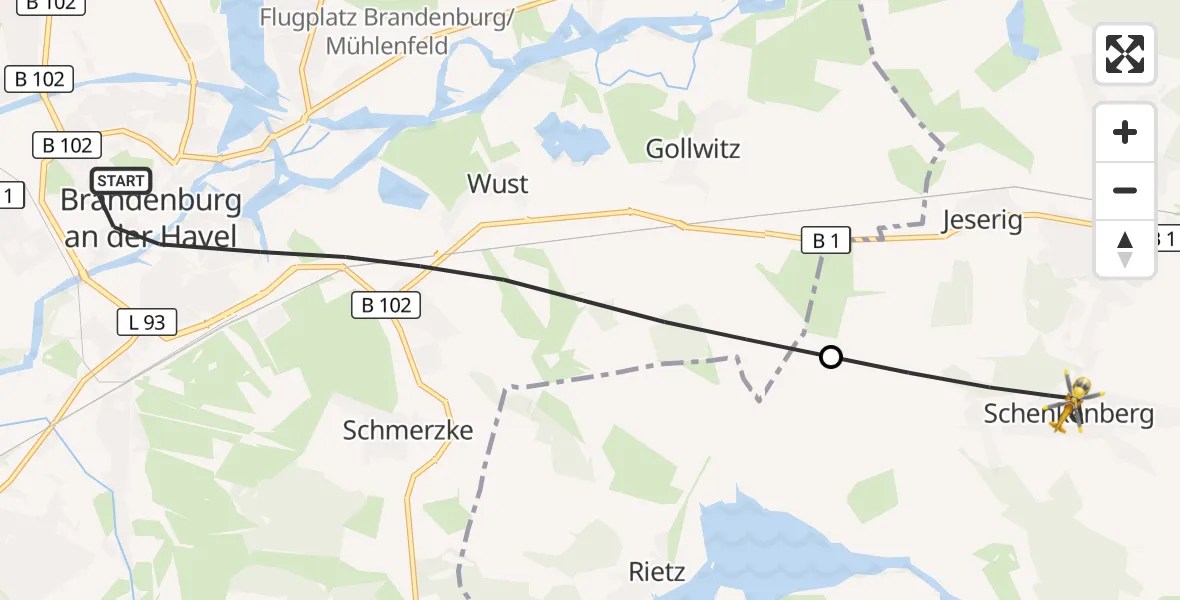 Flugroute Rettungshubschrauber Brandenburg an der Havel - Groß Kreutz (Havel), 10 September 2026, 12:04