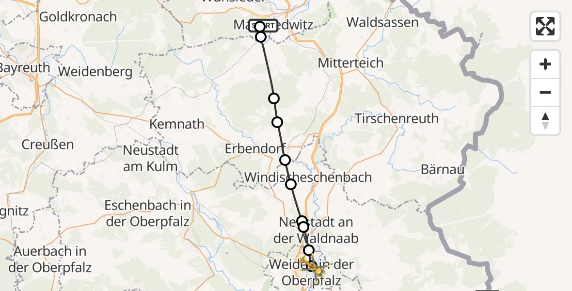Flugroute Ambulanzhubschrauber Fichtelgebirge Hospital Marktredwitz - Weiden Hospital, 10 September 2026, 12:09