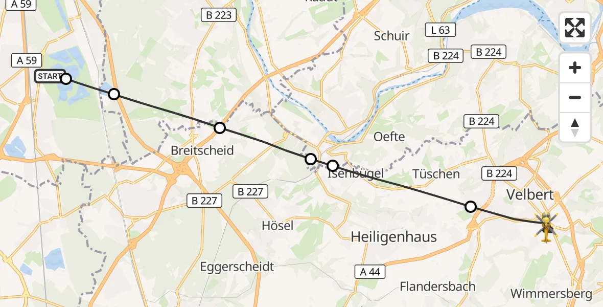 Flugroute Rettungshubschrauber Duisburg Air Rescue Hubschrauberlandeplatz (Christoph 9) - Velbert, 10 September 2026, 12:17