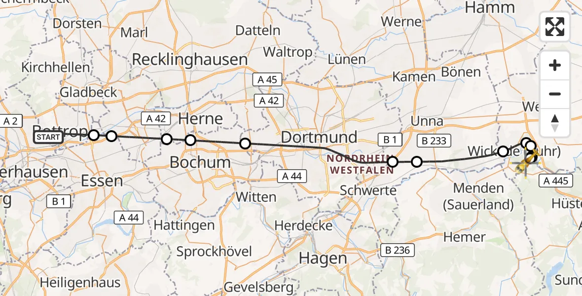 Flugroute Rettungshubschrauber Bottrop - Arnsberg-Menden Flugplatz, 10 September 2026, 12:27