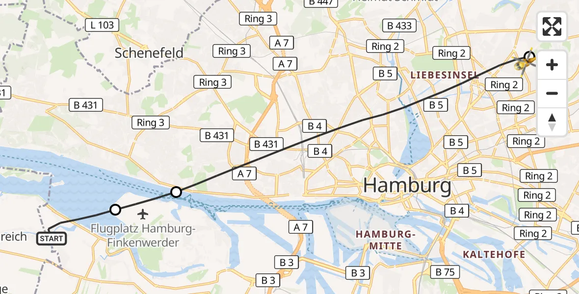 Flugroute Rettungshubschrauber Hamburg - Hamburg Military Hospital, 10 September 2026, 12:35