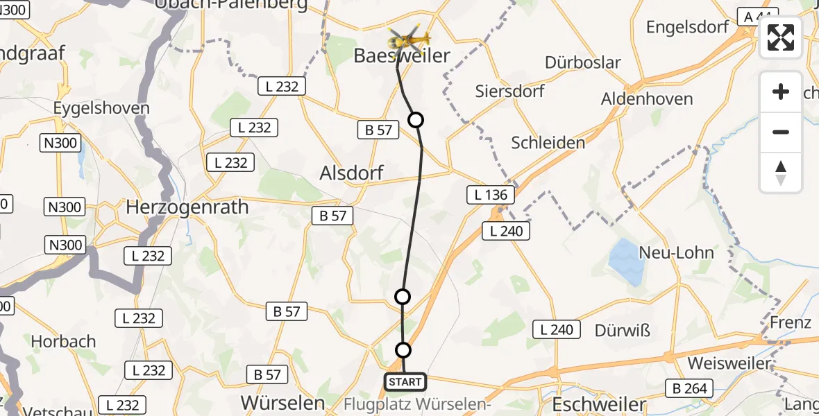 Flugroute Rettungshubschrauber Aachen-Merzbrück Flughafen - Baesweiler, 10 September 2026, 12:36
