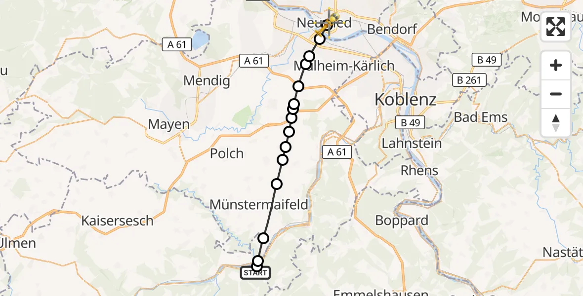 Flugroute Rettungshubschrauber Müden (Mosel) - Neuwied, 10 September 2026, 12:51