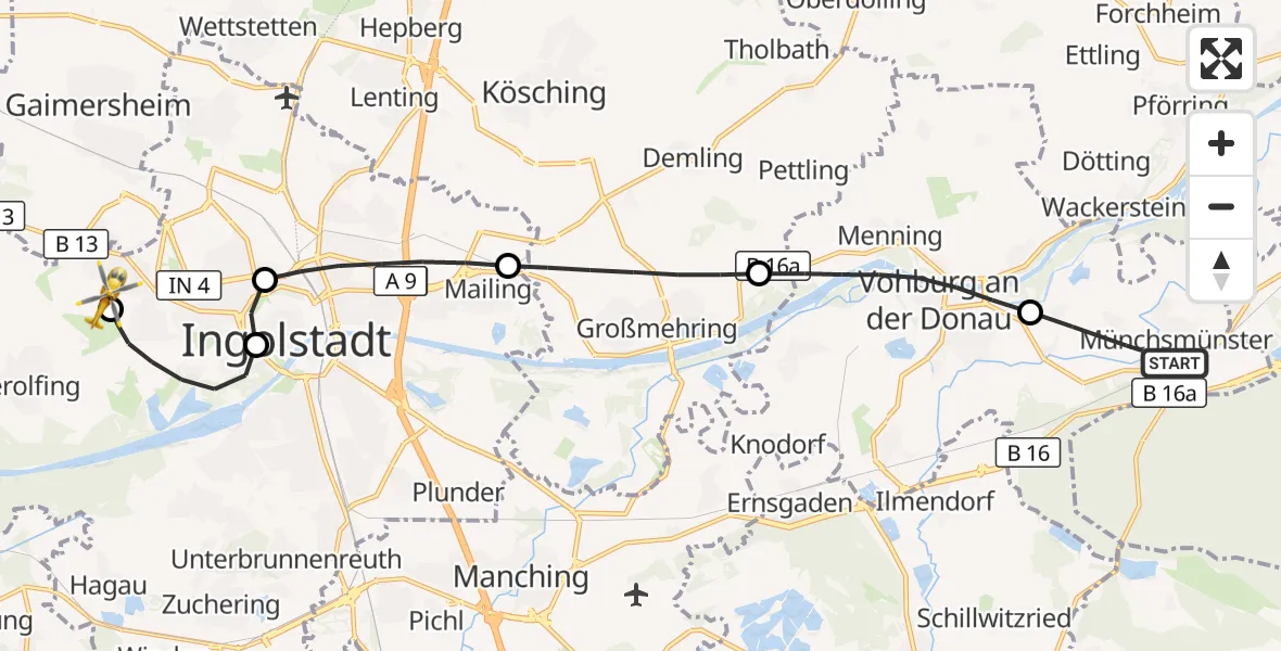 Flugroute Rettungshubschrauber Münchsmünster - Ingolstadt Hospital, 10 September 2026, 12:54
