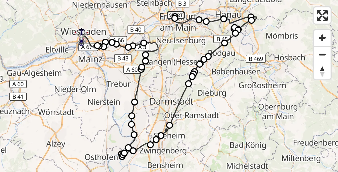 Flugroute Polizeihubschrauber Frankfurt am Main Polizeipräsidium Hubschrauberlandeplatz - Wiesbaden, 10 September 2026, 12:59