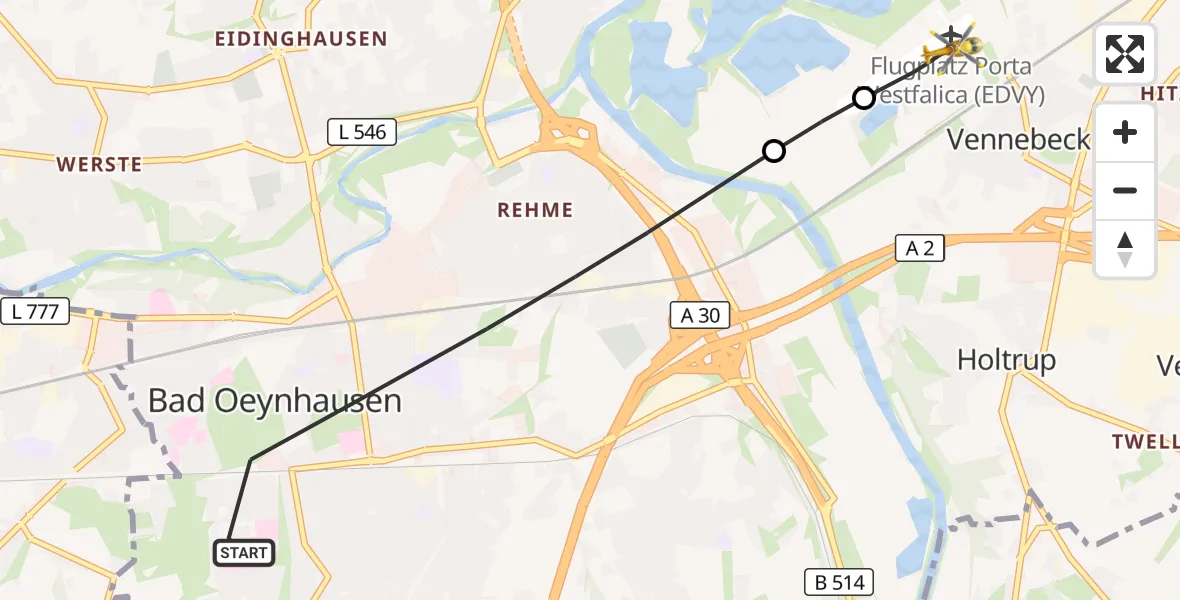 Flugroute Rettungshubschrauber Bad Oeynhausen - Porta Westfalica Flugplatz, 10 September 2026, 13:00