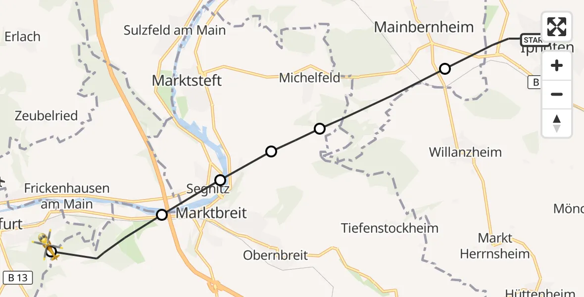 Flugroute Rettungshubschrauber Iphofen - Ochsenfurt Hospital, 10 September 2026, 13:06