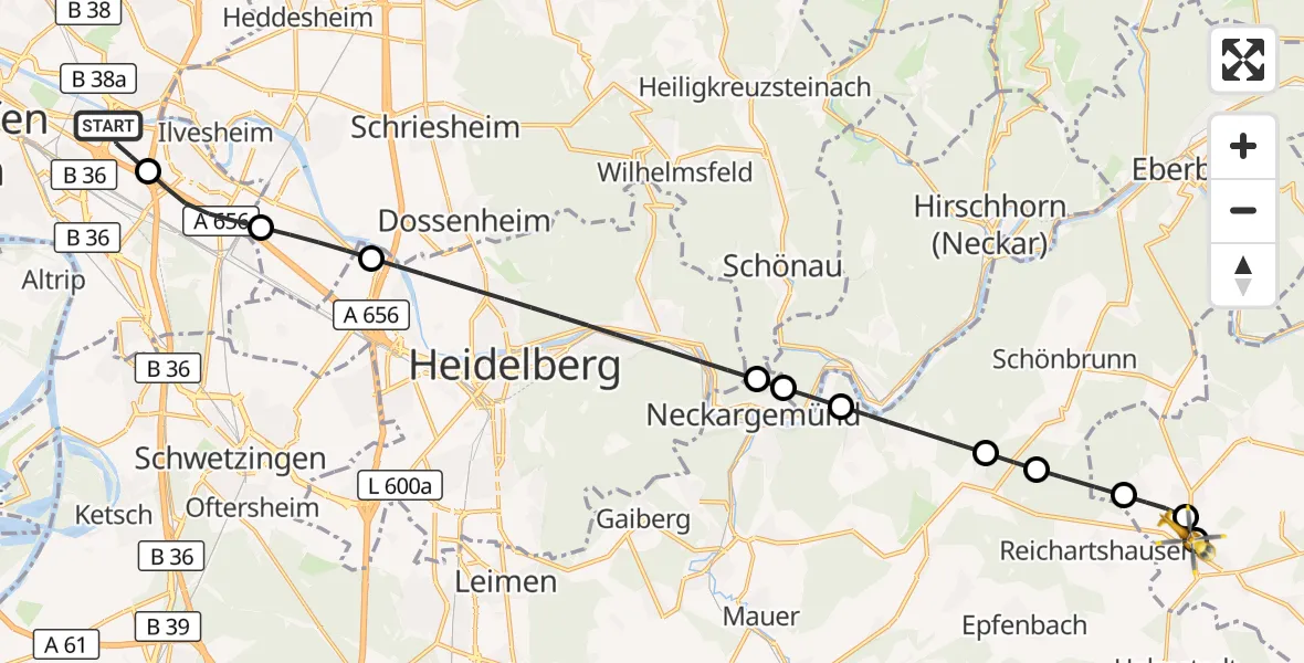 Flugroute Rettungshubschrauber Mannheim-City Flughafen - Aglasterhausen, 10 September 2026, 13:08
