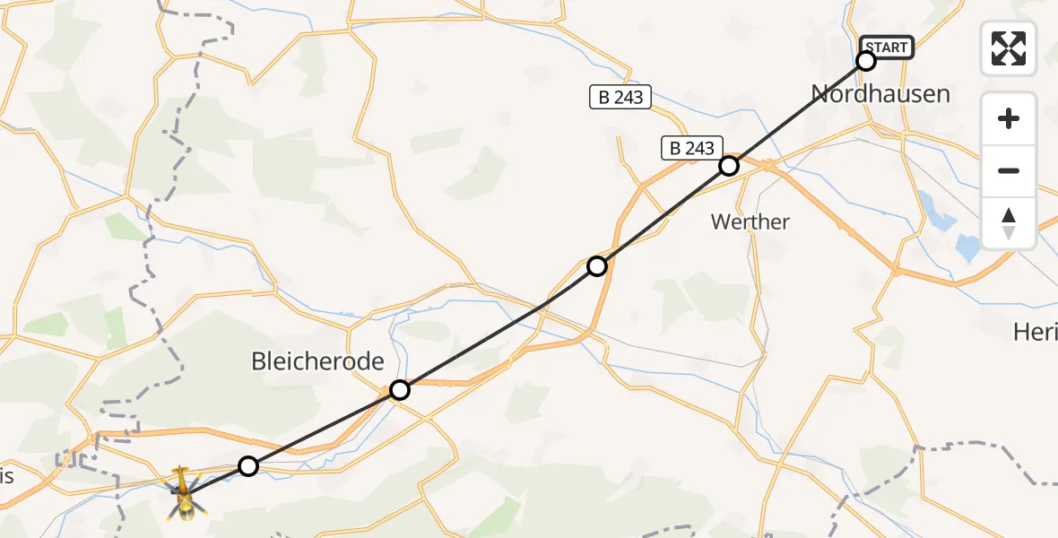 Flugroute Rettungshubschrauber Südharz Hospital Nordhausen - Sollstedt, 10 September 2026, 13:09