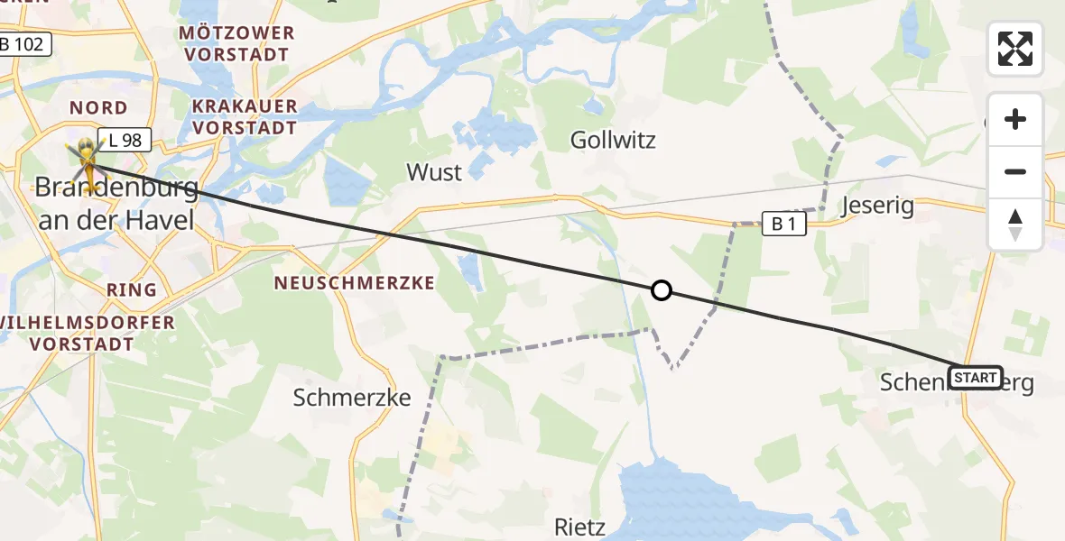Flugroute Rettungshubschrauber Groß Kreutz (Havel) - Brandenburg an der Havel, 10 September 2026, 13:24