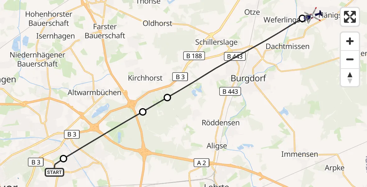 Flugroute Polizeihubschrauber Hannover Luftrettung Hubschrauberlandeplatz (Christoph 4) - Uetze, 10 September 2026, 13:35