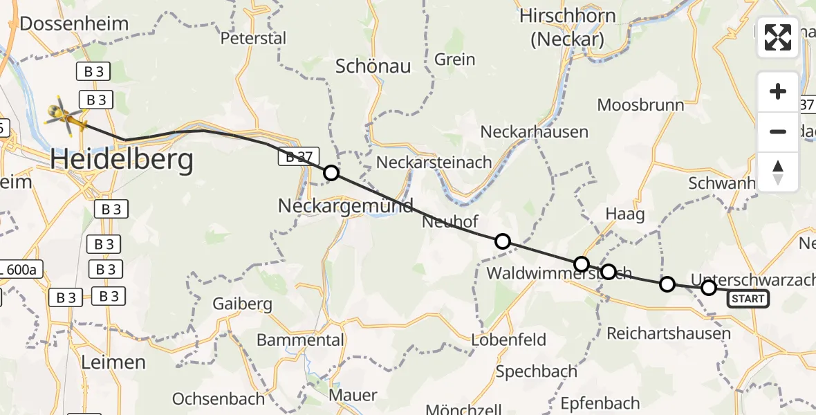 Flugroute Rettungshubschrauber Schwarzach - Heidelberg, 10 September 2026, 13:38