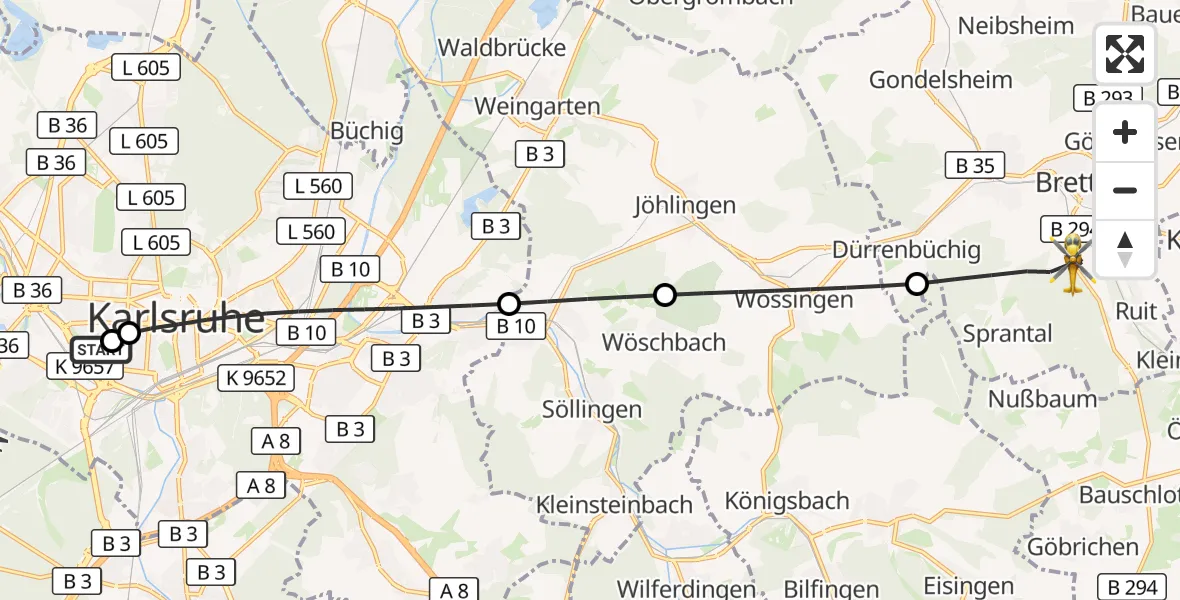 Flugroute Ambulanzhubschrauber Sankt Vincentius Hospital - Bretten, 10 September 2026, 13:46