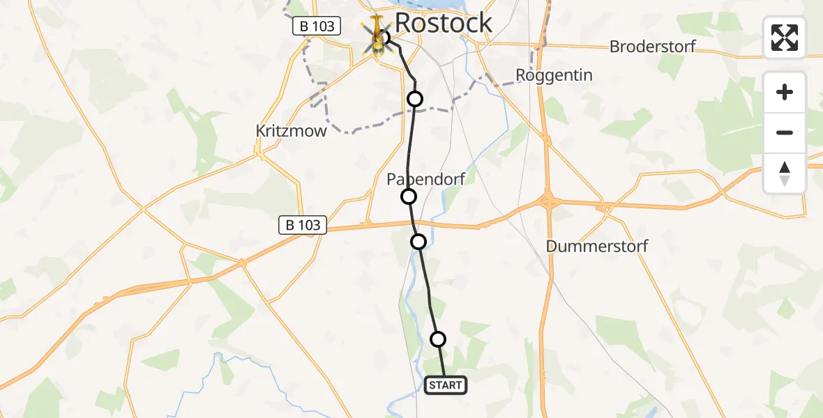Flugroute Rettungshubschrauber Wiendorf - Rostock University Hubschrauberlandeplatz, 10 September 2026, 13:53