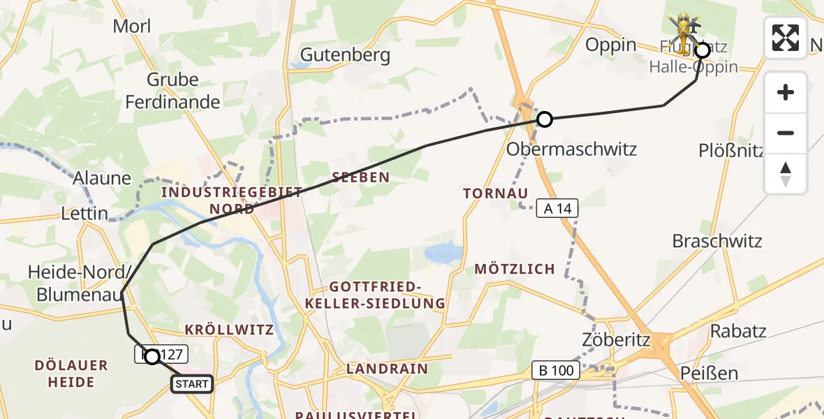Flugroute Rettungshubschrauber Halle (Saale) University Hospital - Halle-Oppin Flugplatz, 10 September 2026, 14:00