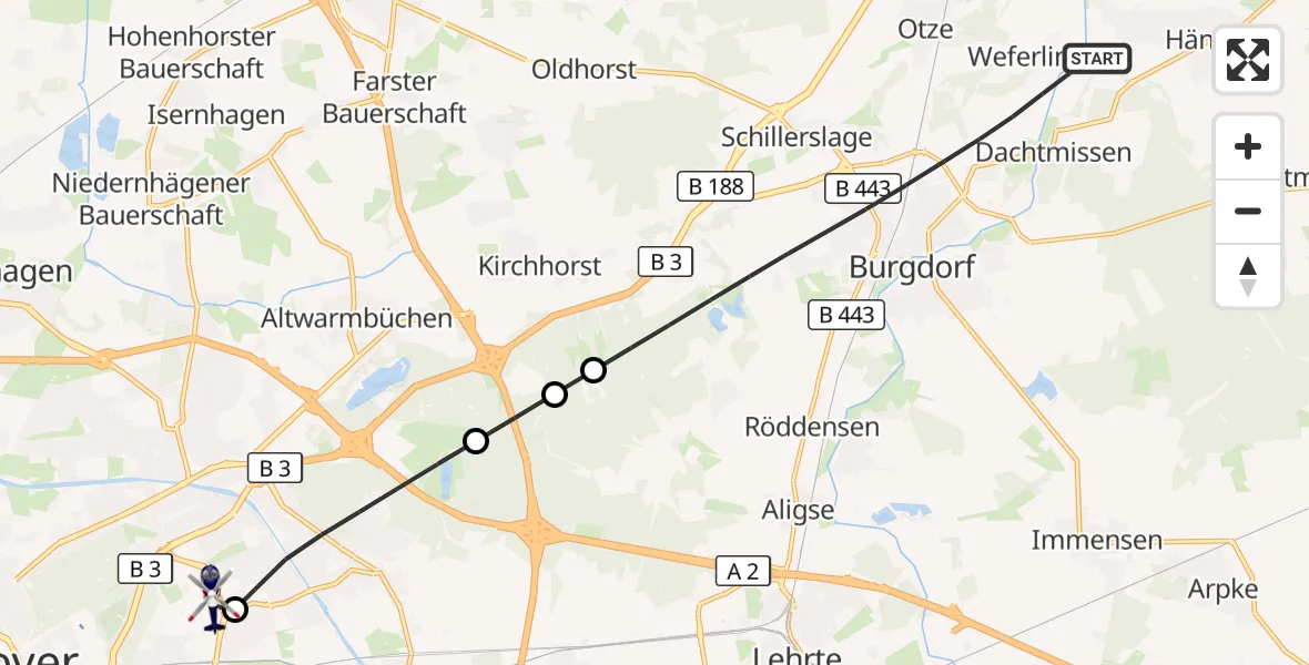 Flugroute Polizeihubschrauber Burgdorf - Hannover Luftrettung Hubschrauberlandeplatz (Christoph 4), 10 September 2026, 14:05