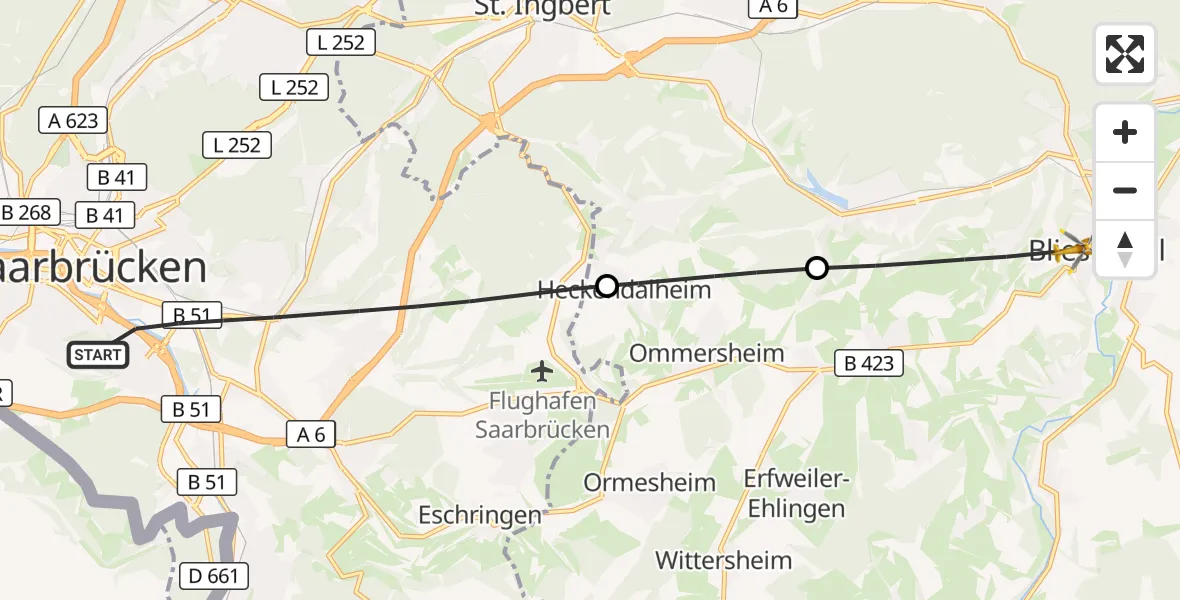 Flugroute Rettungshubschrauber Saarbrücken - Blieskastel, 10 September 2026, 14:09
